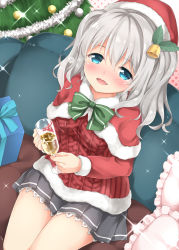 Rule 34 | 10s, 1girl, alcohol, aran sweater, blue eyes, blush, box, breasts, cable knit, christmas, christmas tree, couch, cup, drinking glass, drunk, frilled pillow, frills, gift, gift box, glass, hat, highres, kantai collection, kashima (kancolle), looking at viewer, pillow, santa costume, santa hat, silver hair, sitting, skirt, smile, solo, sweater, takoyaki (takoyaki-batake), twintails, wine glass