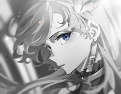 Rule 34 | 1girl, blue eyes, chinese commentary, collar, earrings, from side, hair behind ear, highres, jewelry, light particles, long hair, longlong (drasdr7513), looking at viewer, monochrome, parted lips, portrait, solo, spot color, vesperbell, virtual youtuber, yomi (vesperbell)