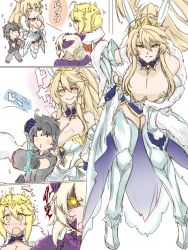 Rule 34 | &gt;:), 1boy, 3girls, ^^^, anger vein, angry, animal ears, artoria pendragon (all), artoria pendragon (fate), artoria pendragon (lancer) (fate), artoria pendragon (lancer alter) (fate), artoria pendragon (swimsuit ruler) (fate), artoria pendragon (swimsuit ruler) (third ascension) (fate), bent over, blonde hair, blue neckwear, blush, braid, breasts, cape, cleavage, clothing cutout, crown, dandara (karakure), dark persona, detached collar, fate (series), feather boa, fishnets, french braid, fujimaru ritsuka (male), fujimaru ritsuka (male) (polar chaldea uniform), full body, fur-trimmed cape, fur trim, glowing, glowing eye, green eyes, hair between eyes, highleg, highleg leotard, highres, horns, jealous, large breasts, leaning forward, leotard, light smile, long hair, looking at viewer, mature female, multiple girls, multiple persona, navel cutout, open mouth, polar chaldea uniform, ponytail, rabbit ears, revealing clothes, sidelocks, smile, smirk, smug, surprised, swept bangs, underboob, wrist cuffs, yellow eyes