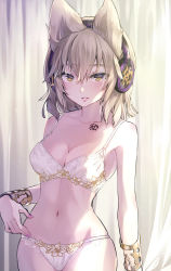 Rule 34 | 1girl, alternate costume, bangle, bare shoulders, blonde hair, blush, body writing, bra, bracelet, breasts, cleavage, collarbone, commentary request, cowboy shot, curtains, earmuffs, floral print, hair between eyes, hand on own hip, highres, jewelry, kanji, lace, lace-trimmed bra, lace-trimmed panties, lace trim, light particles, looking at viewer, medium breasts, medium hair, nail polish, navel, outstretched hand, panties, parted lips, pink nails, pointy hair, revision, see-through, short hair, sidelocks, solo, stomach, syuri22, touhou, toyosatomimi no miko, underwear, underwear only, white bra, white panties, yellow eyes