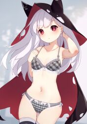 Rule 34 | 1girl, absurdres, azur lane, bare arms, bare shoulders, black cloak, black thighhighs, blush, bow, bow bra, bow panties, bra, breasts, cloak, closed mouth, collarbone, commentary request, commission, erebus (azur lane), grey bra, grey hair, grey panties, hand up, highres, hinata (user rjkt4745), hood, hood up, hooded cloak, long hair, nail polish, navel, panties, pixiv commission, plaid, plaid bra, plaid panties, red eyes, red nails, small breasts, solo, thighhighs, torn cloak, torn clothes, underwear