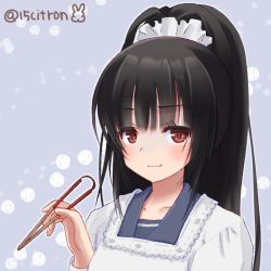 Rule 34 | 15citron, 1girl, apron, black hair, blue sailor collar, chopsticks, commentary request, grey background, holding, holding chopsticks, isokaze (kancolle), kantai collection, kappougi, long hair, official alternate hairstyle, one-hour drawing challenge, ponytail, red eyes, sailor collar, simple background, solo, twitter username, upper body