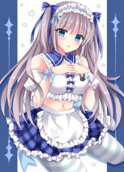 Rule 34 | 1girl, apron, blue bow, blue eyes, blue skirt, blush, bow, breasts, brown hair, chestnut mouth, commentary request, crop top, detached sleeves, frilled apron, frilled shirt, frilled skirt, frills, hair between eyes, hair bow, hands up, kirishima riona, long hair, looking at viewer, medium breasts, midriff, navel, original, panties, pantyhose, parted lips, plaid, plaid skirt, puffy short sleeves, puffy sleeves, shirt, short sleeves, skirt, sleeveless, sleeveless shirt, solo, star (symbol), starry background, striped clothes, striped legwear, striped pantyhose, two side up, underwear, very long hair, waist apron, white apron, white shirt, white sleeves