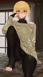 Rule 34 | 1boy, absurdres, bed, black bodysuit, blazblue, blonde hair, bodystocking, bodysuit, bulge, curtains, eyelashes, feet, galadysp, green eyes, halterneck, hand on own cheek, hand on own face, highres, kisaragi jin, leg up, leggings, looking at viewer, male focus, off-shoulder sweater, off shoulder, sitting, solo, sparkle, sweater, thighs, toes, trap