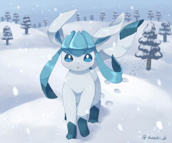 Rule 34 | artist name, blue eyes, chestnut mouth, creatures (company), footprints, full body, game freak, gen 4 pokemon, glaceon, highres, ibusaki (ivu), looking at viewer, nintendo, outdoors, pine tree, pokemon, pokemon (creature), snow, snow on head, snowing, solo, tree