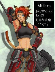 Rule 34 | 00s, 1girl, animal ears, armor, armpits, axe, belt, blue eyes, bobabo, breasts, cameltoe, cat ears, cat girl, cat tail, final fantasy, final fantasy xi, gauntlets, headband, large breasts, midriff, mithra (ff11), navel, red hair, shadow, short hair, sideboob, smile, solo, tail, translation request, weapon
