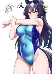 Rule 34 | animal ears, bare shoulders, blue hair, blush, breasts, closed mouth, competition swimsuit, covered navel, cowboy shot, dark blue hair, furrowed brow, gluteal fold, hair intakes, herohero (higashi no dou), highleg, highleg swimsuit, highres, horse ears, horse girl, horse tail, large breasts, long hair, one-piece swimsuit, purple eyes, sideboob, simple background, squiggle, stretching, swimsuit, tail, tight clothes, umamusume, verxina (umamusume), white background