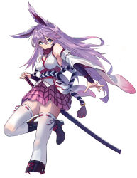 Rule 34 | 1girl, animal ears, bare shoulders, blue eyes, boots, breasts, closed mouth, fox ears, fox mask, highres, holding, holding sword, holding weapon, honkai (series), honkai impact 3rd, hoshino (illyasviel), japanese clothes, katana, kimono, long hair, looking at viewer, mask, miko, pink hair, pink skirt, purple footwear, sheath, sheathed, skirt, solo, sword, thighhighs, weapon, white background, white kimono, white thighhighs, yae sakura, yae sakura (gyakushinn miko)