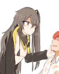 Rule 34 | 1boy, 1girl, bikini, bikini top only, black bikini, black jacket, brown eyes, brown hair, commander (girls&#039; frontline), flat chest, girls&#039; frontline, hair between eyes, hand on another&#039;s chin, jacket, long hair, long sleeves, looking at another, open clothes, open jacket, shiming liangjing, shirt, simple background, solo focus, swimsuit, ump45 (girls&#039; frontline), white background, white shirt