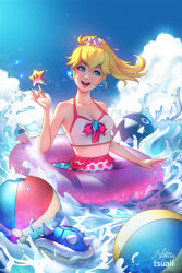 Rule 34 | 1girl, artist name, ball, bikini, blonde hair, blooper (mario), blue eyes, blue shell (mario), breasts, chain chomp, cleavage, cloud, collaboration, collarbone, crown, day, earrings, female focus, food, holding, holding food, innertube, jewelry, linea alba, lisa buijteweg, mario (series), nintendo, open mouth, outdoors, partially submerged, ponytail, popsicle, princess peach, small breasts, smile, solo, super star (mario), swim ring, swimsuit, tankini, teeth, tsuaii, upper body, upper teeth only, water, watermark