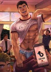 Rule 34 | 5boys, :d, abs, bara, bare pectorals, bird, black eyes, black hair, black shirt, blonde hair, blue male underwear, blush, brown hair, bulge, cellphone, closed eyes, clothes lift, clothes pull, hand up, highres, holding, holding phone, large pectorals, looking at another, male focus, male underwear, multiple boys, muscular, muscular male, navel, navel hair, nipples, open clothes, open mouth, original, out of frame, pants, pants pull, partially undressed, pectorals, phone, presenting pectorals, pulled by self, recording, shirt, shirt lift, short hair, sideburns, smartphone, smile, solo focus, suamaru, sunset, sweatpants, thick eyebrows, underwear, undressing, white shirt