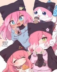 Rule 34 | 4girls, animal hat, blue eyes, blush, can, cape, cat hat, character request, cherry blossoms, choker, closed eyes, cosplay, covered mouth, cup, dark-skinned female, dark skin, disposable cup, earrings, food, fruit, green eyes, hair over one eye, hat, holding, holding can, holding food, holding fruit, jewelry, long hair, long sleeves, miharu (youkai watch), miharu (youkai watch) (cosplay), multicolored hair, multiple girls, off-shoulder sweater, off shoulder, open mouth, peach, pink hair, sailornyan, scarf, smile, sweater, tabana, taiyaki, wagashi, white hair, youkai (youkai watch), youkai watch, youkai watch jam: youkai gakuen y