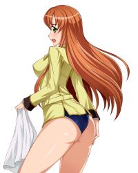 Rule 34 | 00s, 1girl, ass, breasts, code geass, covered erect nipples, flat ass, from behind, green eyes, long hair, looking back, medium breasts, open mouth, orange hair, school uniform, shirley fenette, solo, swimsuit, swimsuit under clothes, towel, yokaze japan