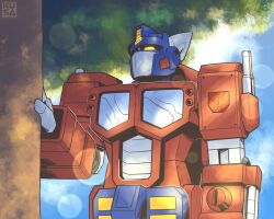 Rule 34 | absurdres, artist name, autobot, commentary, english commentary, highres, kusa (kusakichan15), lens flare, looking up, mecha, no humans, optimus prime, robot, science fiction, sky, solo, transformers, transformers armada, transformers unicron trilogy, tree, upper body
