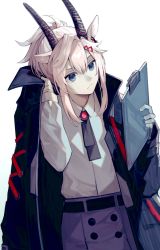 Rule 34 | 1girl, animal ears, arknights, belt, black belt, black neckwear, blue eyes, closed mouth, commentary, cowboy shot, earthspirit (arknights), earthspirit (elite ii) (arknights), expressionless, gloves, goat ears, goat girl, goat horns, hair between eyes, hair ornament, highres, holding, holding clothes, holding jacket, horns, jacket, long hair, looking at object, miike (992058), shirt, silver hair, simple background, skirt, solo, white background, white gloves, white shirt