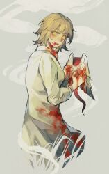 Rule 34 | 1girl, animal, blonde hair, blood, blood on clothes, blood on face, blood on hands, bright pupils, dungeon meshi, eating, falin touden, falin touden (tallman), feathered wings, grey skirt, hashtag-only commentary, hazeforest, highres, holding, holding animal, looking at viewer, looking back, shirt, short hair, skirt, solo, spoilers, standing, tail, white pupils, white shirt, wings, yellow eyes