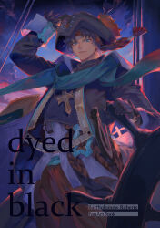 Rule 34 | 1boy, bartholomew roberts (fate), blue eyes, blue scarf, cover, cover page, cross, cross necklace, dark-skinned male, dark skin, english text, fanbook, fate/grand order, fate (series), feet out of frame, from below, gloves, hat, highres, jacket, jewelry, looking at viewer, male focus, mashuu (neko no oyashiro), necklace, open clothes, open jacket, pants, pirate, pirate hat, red pants, scarf, ship, ship&#039;s wheel, short hair, smile, solo, standing, sunset, watercraft