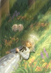 Rule 34 | 1girl, animal request, arm across waist, arm at side, awada room, black bow, bow, bowtie, child, clenched hand, closed eyes, closed mouth, commentary request, dappled sunlight, flower request, frilled shirt collar, frills, grass, green hair, halo, light rays, lying, medium hair, neck ribbon, on grass, open hand, original, rabbit, ribbon, scenery, sleeping, solo, sunlight, tree