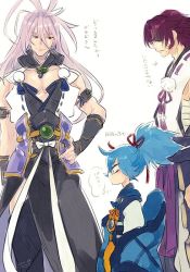 Rule 34 | 10s, 3boys, age difference, antenna hair, black legwear, blue eyes, blue hair, hand on own hip, height difference, japanese clothes, light purple hair, long hair, long sideburns, looking at another, low-tied long hair, pectoral cleavage, male focus, multiple boys, pectorals, pelvic curtain, pom pom (clothes), ponytail, red eyes, sarashi, sayo samonji, sengo muramasa (touken ranbu), short hair, sideburns, signature, simple background, tabi, thighhighs, tomatoma (10mato ma10), tonbokiri (touken ranbu), touken ranbu, very long hair, white background