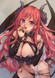 Rule 34 | 1girl, blush, breasts, cleavage, demon girl, demon horns, demon tail, demon wings, highres, horns, large breasts, long hair, looking at viewer, navel, open mouth, original, pointy ears, pubic tattoo, purin uni, red eyes, red hair, sexually suggestive, slit pupils, solo, tail, tattoo, tongue, tongue out, wings
