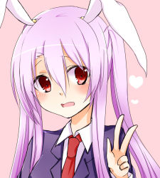 Rule 34 | 1girl, alternate hairstyle, animal ears, blazer, blush, dress shirt, embarrassed, jacket, long hair, long sleeves, looking at viewer, necktie, open mouth, pink background, purple hair, rabbit ears, red eyes, reisen udongein inaba, shirt, simple background, solo, touhou, v, very long hair, wavy mouth, white shirt, yukina (masyumaro610)