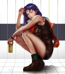 Rule 34 | 1girl, bare arms, bare shoulders, beer can, blue eyes, blue hair, breasts, brown dress, can, caviar (lunar sama), dress, drink can, from side, highres, holding, holding can, katsuragi misato, large breasts, lips, lipstick, long hair, long legs, makeup, matching hair/eyes, neon genesis evangelion, parted bangs, parted lips, purple hair, short dress, solo, thighs, tile floor, tile wall, tiles, yebisu