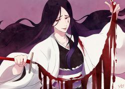 Rule 34 | 1girl, bad id, bad pixiv id, bleach, blood, blood on face, blood on clothes, breasts, cleavage, collarbone, haori, japanese clothes, long hair, looking at viewer, purple hair, red eyes, ronisuke, solo, spoilers, taichou haori, unohana retsu, very long hair, whip sword