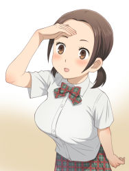 Rule 34 | 1girl, blush, bow, breasts, brown eyes, brown hair, chihayafuru, female focus, gradient background, large breasts, low twintails, meow (nekodenki), ooe kanade, open mouth, school uniform, shirt, short sleeves, skirt, solo, twintails, uniform, unmoving pattern