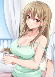 Rule 34 | 1boy, 1girl, ahoge, bare arms, bare shoulders, blush, breasts, brown eyes, brown hair, camisole, class no gyaru ga nazeka ore no gimai to nakayoku natta., cleavage, closed mouth, collarbone, cup, curtains, day, earrings, female focus, green camisole, hair between eyes, hair ornament, hair over shoulder, head tilt, highres, holding, holding cup, indoors, jewelry, komori kuzuyu, large breasts, long hair, looking at viewer, matching hair/eyes, mole, mole on breast, mole under eye, mug, novel illustration, official art, shirt, short sleeves, smile, solo focus, steam, strap slip, stud earrings, takarai yua, textless version, upper body, very long hair, white shirt, window