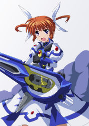 Rule 34 | 1girl, blue eyes, commentary request, cowboy shot, cross (crossryou), fingerless gloves, gloves, grey background, hair ribbon, holding, holding weapon, jacket, long skirt, looking at viewer, lying, lyrical nanoha, magical girl, mahou shoujo lyrical nanoha the movie 3rd: reflection, on back, open mouth, raising heart, ribbon, short hair, skirt, solo, standing, strike cannon, takamachi nanoha, takamachi nanoha (fortress mode), twintails, v-shaped eyebrows, weapon, white jacket, white ribbon, white skirt