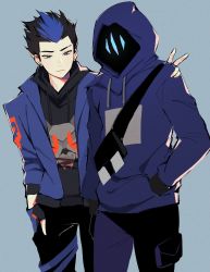 Rule 34 | 2boys, animification, black hair, black hoodie, blue background, blue gloves, blue hair, blue hoodie, blue jacket, blue pants, eyebrow cut, fanny pack, fingerless gloves, gloves, hair behind ear, hand in pocket, hand on another&#039;s shoulder, hand on own hip, highres, hood, hood up, hoodie, hyoon (sockgyu), jacket, male focus, mask, multicolored hair, multiple boys, omen (valorant), pants, two-tone hair, v, valorant, yoru (valorant)