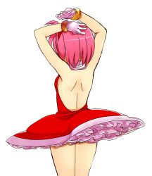 Rule 34 | 1girl, amy rose, armpits, arms up, back, backless dress, backless outfit, bad id, bad pixiv id, bare back, bare shoulders, cowboy shot, dress, frills, gloves, hairband, halterneck, hand on own head, personification, petticoat, pink hair, red dress, shiozake, short dress, short hair, simple background, sleeveless, sleeveless dress, solo, sonic (series), standing, tutu, white background, white gloves, wind, wind lift