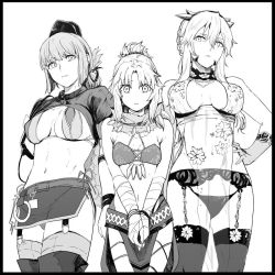 Rule 34 | 3girls, artoria pendragon (fate), artoria pendragon (lancer alter) (fate), artoria pendragon (lancer alter) (royal icing) (fate), bandages, belt, bikini, bound, bound wrists, breasts, cleavage, double bikini, fate/apocrypha, fate/grand order, fate (series), florence nightingale (fate), florence nightingale (trick or treatment) (fate), folded ponytail, garter belt, garter straps, gloves, greyscale, hand on own hip, hat, large breasts, lingerie, long hair, looking at viewer, monochrome, mordred (fate), mordred (fate/apocrypha), mordred (true samadhi fire) (fate), multiple girls, navel, nurse cap, official alternate costume, panties, restrained, skirt, swimsuit, syatey, thighhighs, underwear