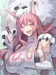 Rule 34 | 1girl, :d, animal, animal ear fluff, animal ears, arm under breasts, bare shoulders, black sports bra, blush, breasts, chewing, detached sleeves, goddess of victory: nikke, hair intakes, highres, holding, large breasts, leona (nikke), lion, long hair, looking at viewer, one eye closed, open mouth, pink hair, shirt, sideboob, sideless shirt, sidelocks, smile, snot, sports bra, tail, takeclaire, timi (nikke), turtleneck, turtleneck shirt, white shirt, yellow eyes