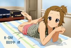 1girl :t alternate_costume alternate_hairstyle bare_shoulders brown_eyes brown_hair commentary_request copyright_name highres k-on! looking_at_viewer lying no_shoes official_style ogawan_(opopinchan) on_bed on_stomach open_door shirt short_shorts shorts sleeveless sleeveless_shirt tainaka_ritsu the_pose