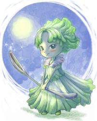 Rule 34 | 1girl, blush, food as clothes, green eyes, green hair, lettuce, matching hair/eyes, moon, personification, short hair, smile, solo, spoon, sumi no hito