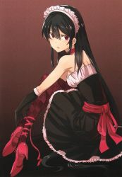 Rule 34 | 1girl, akame (akame ga kill!), akame ga kill!, arms at sides, bare shoulders, black dress, black gloves, choker, crossed ankles, dress, expressionless, female focus, full body, gloves, gradient background, hair between eyes, headdress, high heels, highres, hugging own legs, knees to chest, legs, legs together, light, long hair, looking at viewer, maid, maid headdress, off-shoulder shirt, off shoulder, official art, open mouth, pantyhose, plaid, pleated dress, red choker, red eyes, red footwear, red heels, red ribbon, ribbon, sash, shiny skin, shirt, sidelocks, simple background, sitting, solo, tashiro tetsuya, turning head