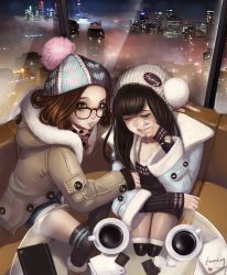 Rule 34 | 2girls, beanie, black hair, black legwear, blush, bobo1983, book, brown eyes, brown hair, cityscape, coat, coffee, cup, dress, eyelashes, closed eyes, glasses, hand on own face, hat, highres, hood, hooded jacket, jacket, lips, long hair, multiple girls, open mouth, original, saucer, scarf, short hair, shorts, signature, sitting, sweater, sweater dress, tears, thighhighs, watch, wristwatch