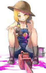 Rule 34 | 1girl, :t, badge, bandaid, bandaid on cheek, bandaid on face, bandaid on knee, bandaid on leg, blonde hair, blush, boots, button badge, chainsaw, collarbone, commentary request, fate/grand order, fate (series), flat chest, full body, hand on own cheek, hand on own face, hat, highres, naked overalls, overall shorts, overalls, paint can, paint splatter, paul bunyan (fate), paul bunyan (third ascension) (fate), short hair, smiley face, solo, straw hat, sumisu (mondo), v-shaped eyebrows, yellow eyes