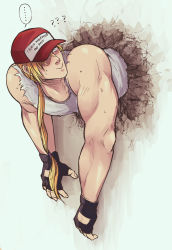 Rule 34 | ..., 1boy, ?, bara, baseball cap, blonde hair, blush, covered erect nipples, dress, fatal fury, glory wall, hal (harenchiou), hat, highres, large pectorals, long hair, male focus, muscular, muscular male, pectorals, restrained, sleeveless, sleeveless dress, snk, solo, stuck, terry bogard, the king of fighters, through wall, upper body