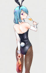Rule 34 | 1girl, animal ears, ass, black leotard, blue hair, bottle, brown pantyhose, champagne bottle, champagne flute, character request, closed mouth, commentary request, cup, detached sleeves, drinking glass, fake animal ears, fishnet pantyhose, fishnets, grey background, holding, holding bottle, holding cup, holding drinking glass, leotard, long hair, long sleeves, looking at viewer, looking back, okiru, pantyhose, playboy bunny, pretty series, pripara, profile, purple eyes, rabbit ears, rabbit girl, rabbit tail, simple background, solo, strapless, strapless leotard, tail, wrist cuffs