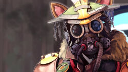 Rule 34 | 1other, ambiguous gender, animal ears, apex legends, bloodhound (apex legends), brown jacket, cable, fur trim, gas mask, goggles, head tilt, helmet, jacket, jeck zero, korean commentary, looking at viewer, mask, md5 mismatch, mouth mask, solo, upper body