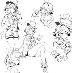 Rule 34 | 1girl, absurdres, ahoge, ascot, closed mouth, coat, cropped torso, crossed legs, frilled socks, frills, furina (genshin impact), genshin impact, gloves, greyscale, hand on own hip, hat, highres, long sleeves, looking at viewer, monochrome, multiple views, open mouth, short hair, shorts, simple background, sketch, smile, socks, thigh strap, top hat, vest, zaicenshi