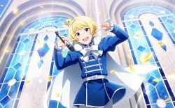 Rule 34 | 1boy, blonde hair, cape, crown, earrings, fingernails, frilled sleeves, frills, highres, holding, holding microphone, idolmaster, idolmaster side-m, idolmaster side-m live on stage!, jewelry, long sleeves, looking at viewer, male focus, microphone, mini crown, official art, open mouth, pierre bichelberger, purple eyes, smile, solo, teeth, third-party source, upper teeth only, white cape