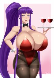 Rule 34 | 1girl, alcohol, bow, bowtie, breasts, cleavage, cup, detached collar, drinking glass, eiken, gigantic breasts, hair strand, hand on own hip, highleg, highleg leotard, highres, holding, holding tray, huge breasts, leotard, lips, long hair, misono kirika, open mouth, pantyhose, playboy bunny, ponytail, purple eyes, purple hair, red wine, shiny skin, sidelocks, skindentation, solo, thick thighs, thighband pantyhose, thighs, tray, twrlare, very long hair, wine, wine glass, wrist cuffs