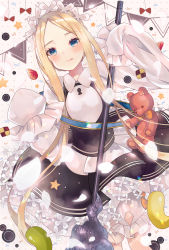 Rule 34 | 1girl, abigail williams (fate), abigail williams (festival outfit) (fate), aoi yugina, black skirt, blonde hair, blue eyes, blush, braid, breasts, candy, closed mouth, cookie, dress, fate/grand order, fate (series), food, forehead, french braid, fruit, highres, jelly bean, keyhole, long hair, long sleeves, looking at viewer, maid headdress, official alternate costume, parted bangs, petals, sash, sidelocks, skirt, sleeves past fingers, sleeves past wrists, small breasts, smile, solo, staff, strawberry, stuffed animal, stuffed toy, teddy bear, tongue, tongue out, very long hair, white dress