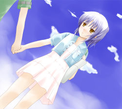 Rule 34 | 10s, 1girl, angel beats!, blue hair, casual, cloud, day, dutch angle, holding hands, misui, short hair, solo, solo focus, tenshi (angel beats!), yellow eyes