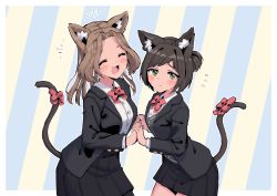 Rule 34 | +++, 2girls, :3, ^ ^, animal ear fluff, animal ears, arched back, averting eyes, black jacket, black legwear, black skirt, border, bow, bowtie, breasts, brown hair, buttons, cat ears, cat girl, cat tail, closed eyes, closed mouth, collared shirt, cowboy shot, embarrassed, female focus, flying sweatdrops, forehead, green eyes, grey vest, hair intakes, half-closed eyes, hands up, happy, highres, holding hands, interlocked fingers, jacket, long hair, long sleeves, looking to the side, medium breasts, miniskirt, multiple girls, nervous, one side up, open clothes, open jacket, open mouth, original, outline, outside border, pantyhose, pleated skirt, polly (rune (dualhart)), red bow, red neckwear, rune (dualhart), school uniform, shirt, short hair, sidelocks, simple background, skirt, small breasts, smile, standing, striped, striped background, suri (rune (dualhart)), tail, tail bow, tail ornament, two-tone background, vest, white border, white outline, white shirt, yuri