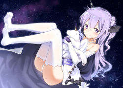 Rule 34 | 1girl, ahoge, ass, azur lane, bad id, bad pixiv id, bare shoulders, bell (oppore coppore), collarbone, commentary request, dorsiflexion, dress, elbow gloves, feet, full body, gloves, hair bun, hair ribbon, long hair, looking at viewer, night, night sky, no shoes, hugging object, one side up, panties, pantyshot, purple eyes, purple hair, revision, ribbon, side bun, single hair bun, single side bun, sitting, sky, smile, soles, solo, star (sky), starry sky, stuffed animal, stuffed pegasus, stuffed toy, stuffed unicorn, stuffed winged unicorn, thighhighs, toes, underwear, unicorn (azur lane), very long hair, white dress, white panties, white thighhighs, zettai ryouiki