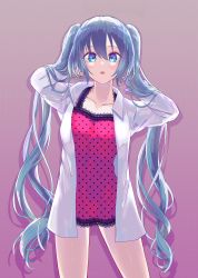 Rule 34 | 1girl, blue eyes, blue hair, blush, collarbone, collared shirt, floating hair, gradient background, hair between eyes, hands in hair, hatsune miku, highres, long hair, long sleeves, looking at viewer, nightgown, open clothes, open mouth, open shirt, pikata, pink nightgown, polka dot, polka dot skirt, purple background, red shirt, shiny skin, shirt, skirt, solo, standing, twintails, very long hair, vocaloid, white shirt, wing collar